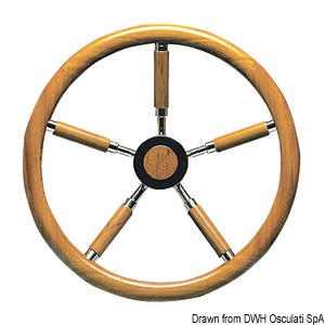 Steering wheels with external teak wheel rim and spokes coated with teak